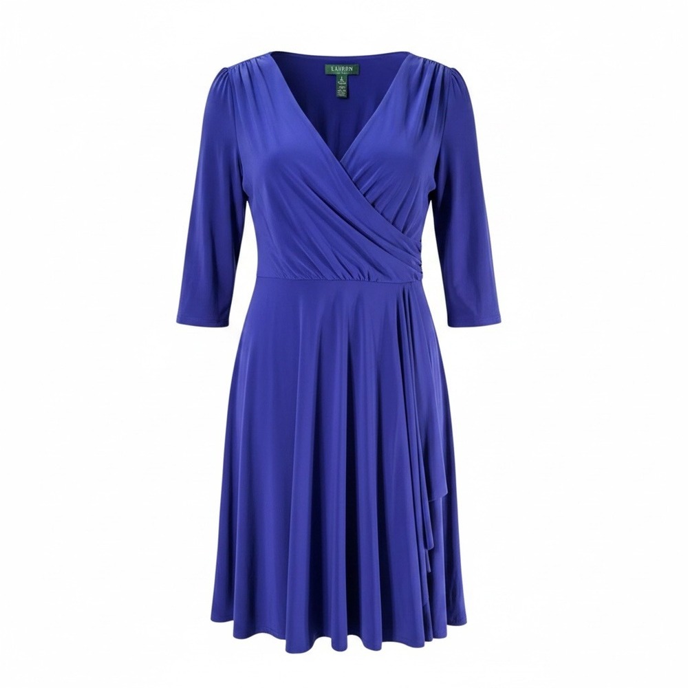Lauren Ralph Lauren Faux Wrap Dress Womens 16 Royal Blue Excellent Ruched Ruffle